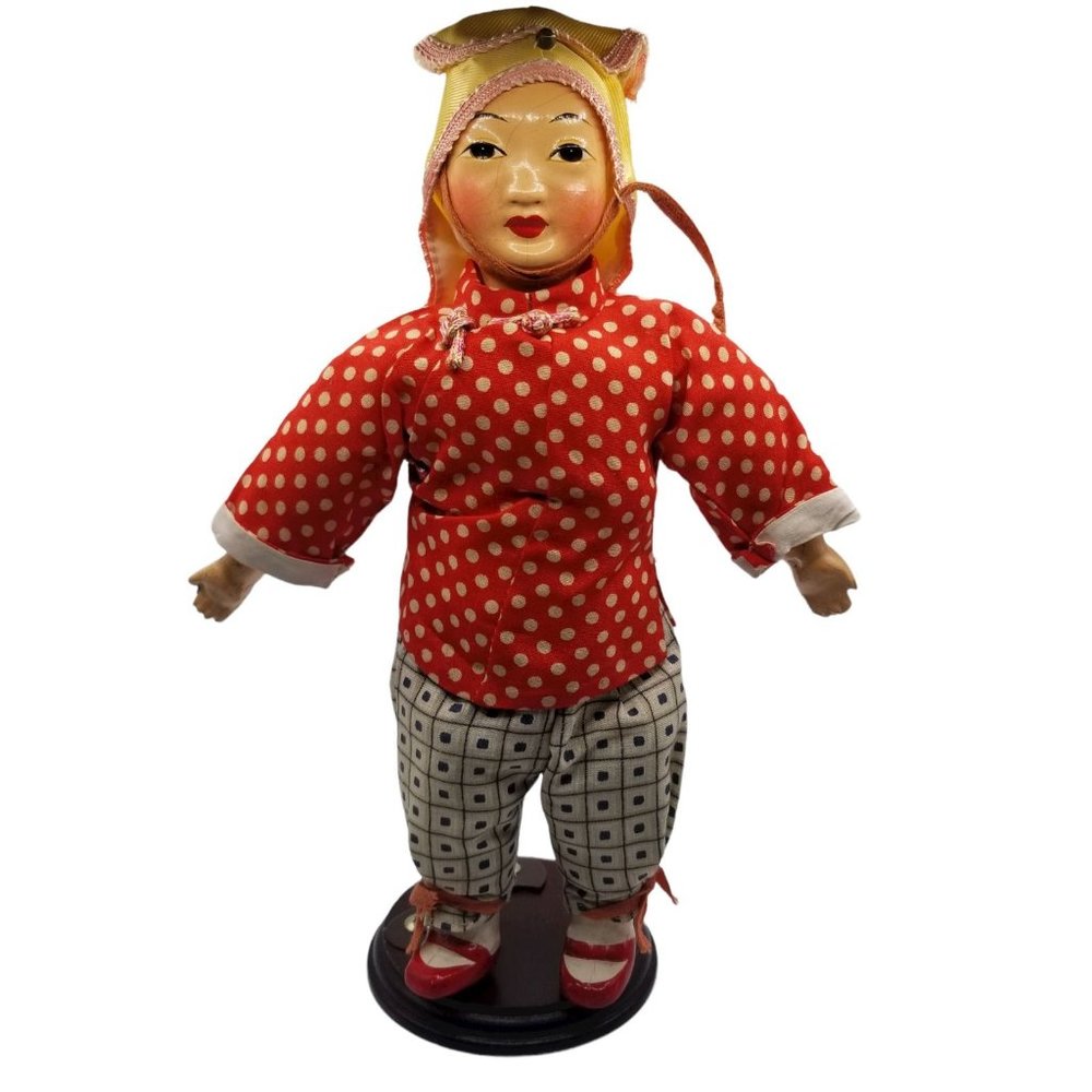 Vintage Asian Japanese Doll Composition Cloth Painted Face Traditional Clothes